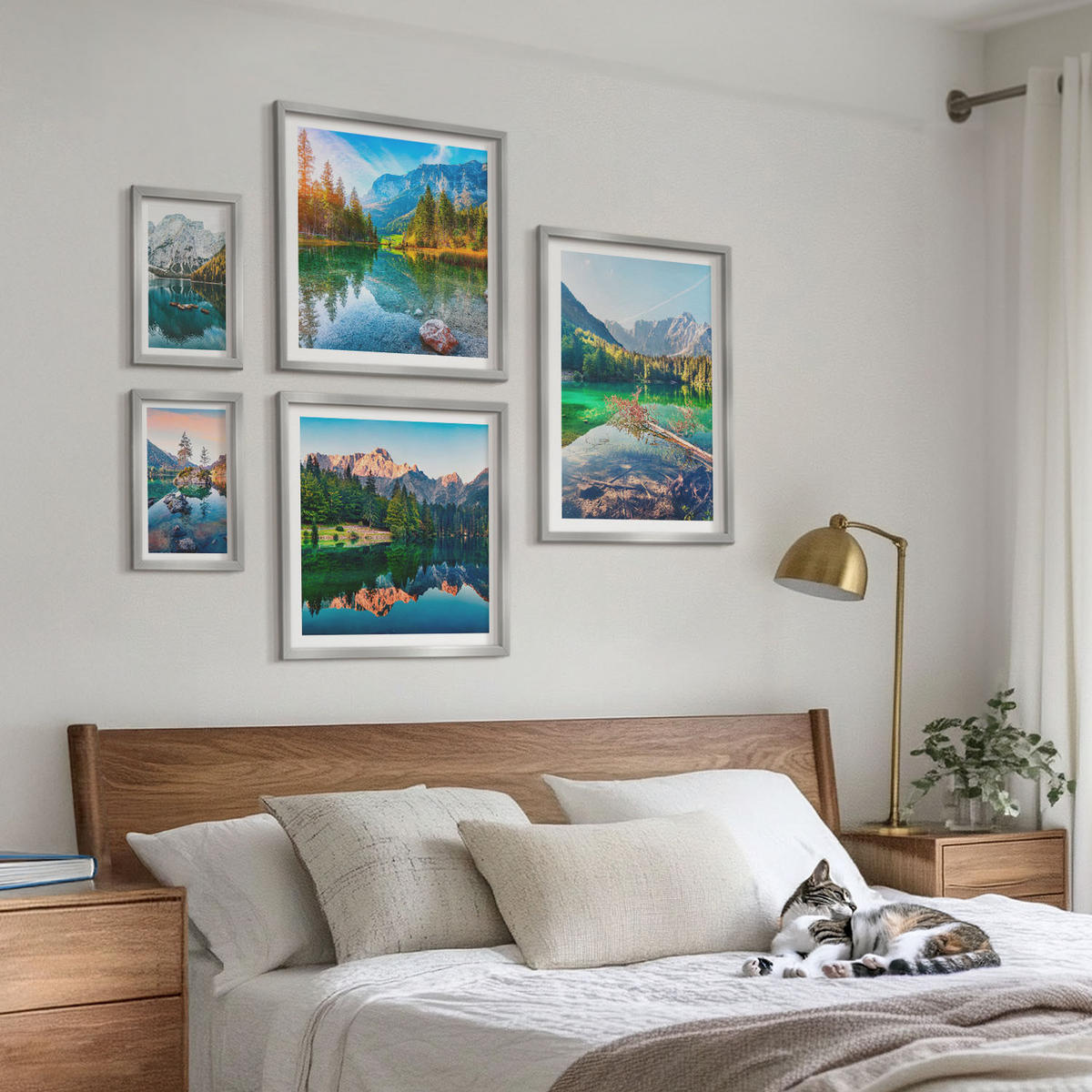 BILDER SET 5er Set - 50x50 cm & 20x30 cm & 40x60 cm Silberner Rahmen - Spiegelung des Waldes in Bergseen - Silberfarben, Kunststoff (40/60cm) - TULUP