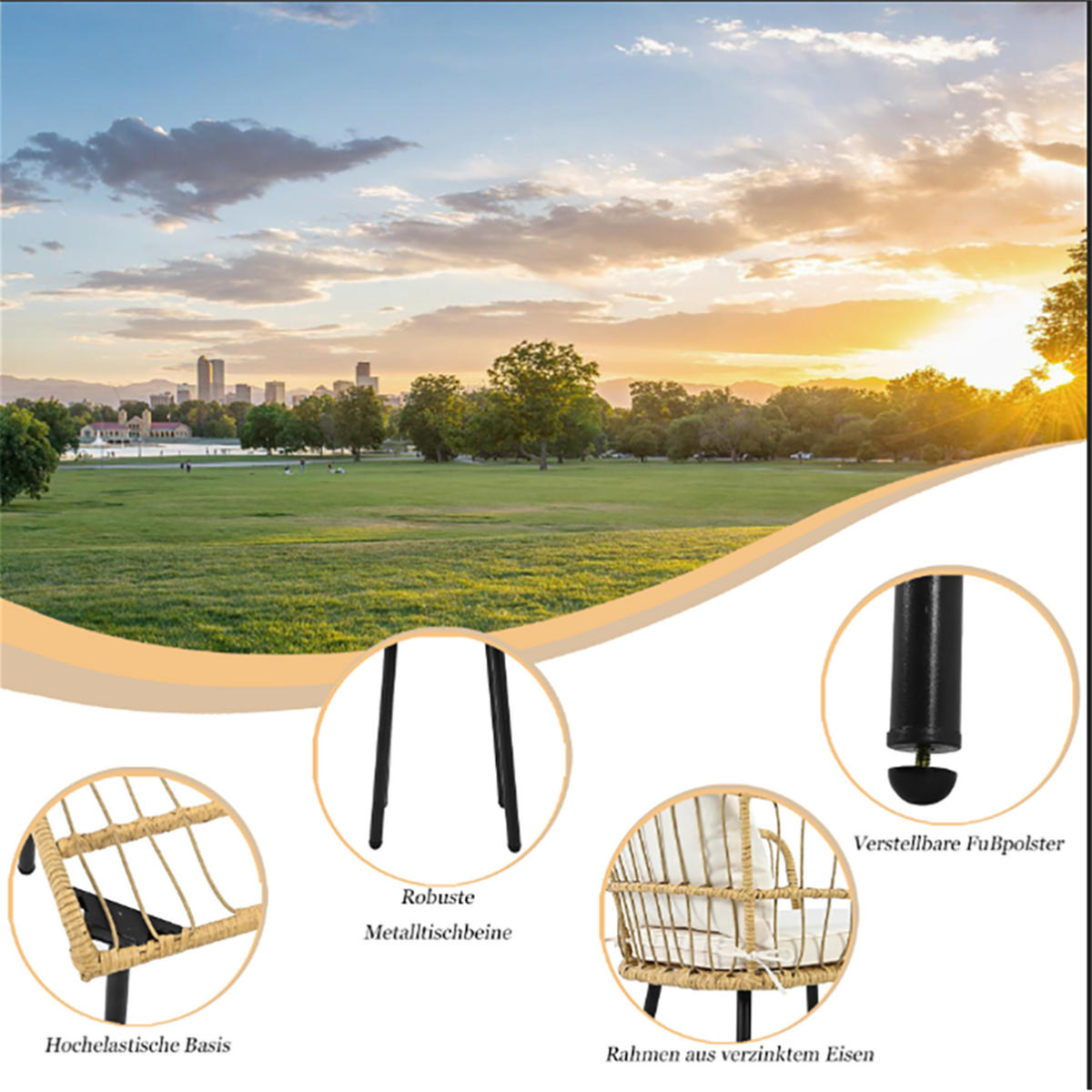 LOUNGEGARNITUR 5-tlg. Rattan Natur & Weiß Balkonmöbel mit Tisch, 2 Stühlen & 2 Hockern - Naturfarben, Textil - Urban Meuble