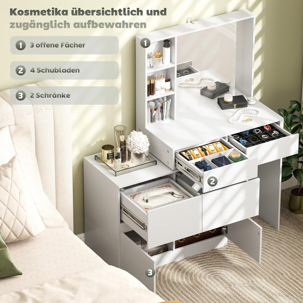 SCHMINKTISCH Kosmetiktisch mit Spiegel, 4 Schubladen, 3 offene Ablagen, Weiß - Weiß, Holzwerkstoff (38.5/122.5/71.3cm) - HOMCOM