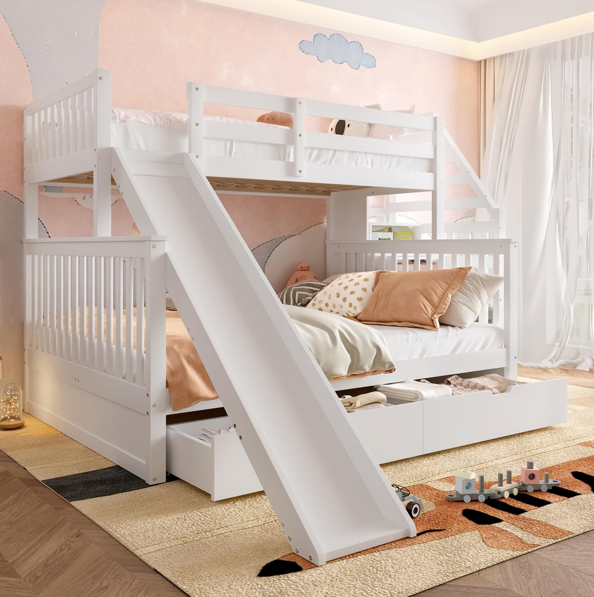 ETAGENBETT 90/200 über 140/200 cm in Weiß mit Rutsche und 2 Schubladen - Weiß, Holzwerkstoff (90/200cm) - OKMYHOME