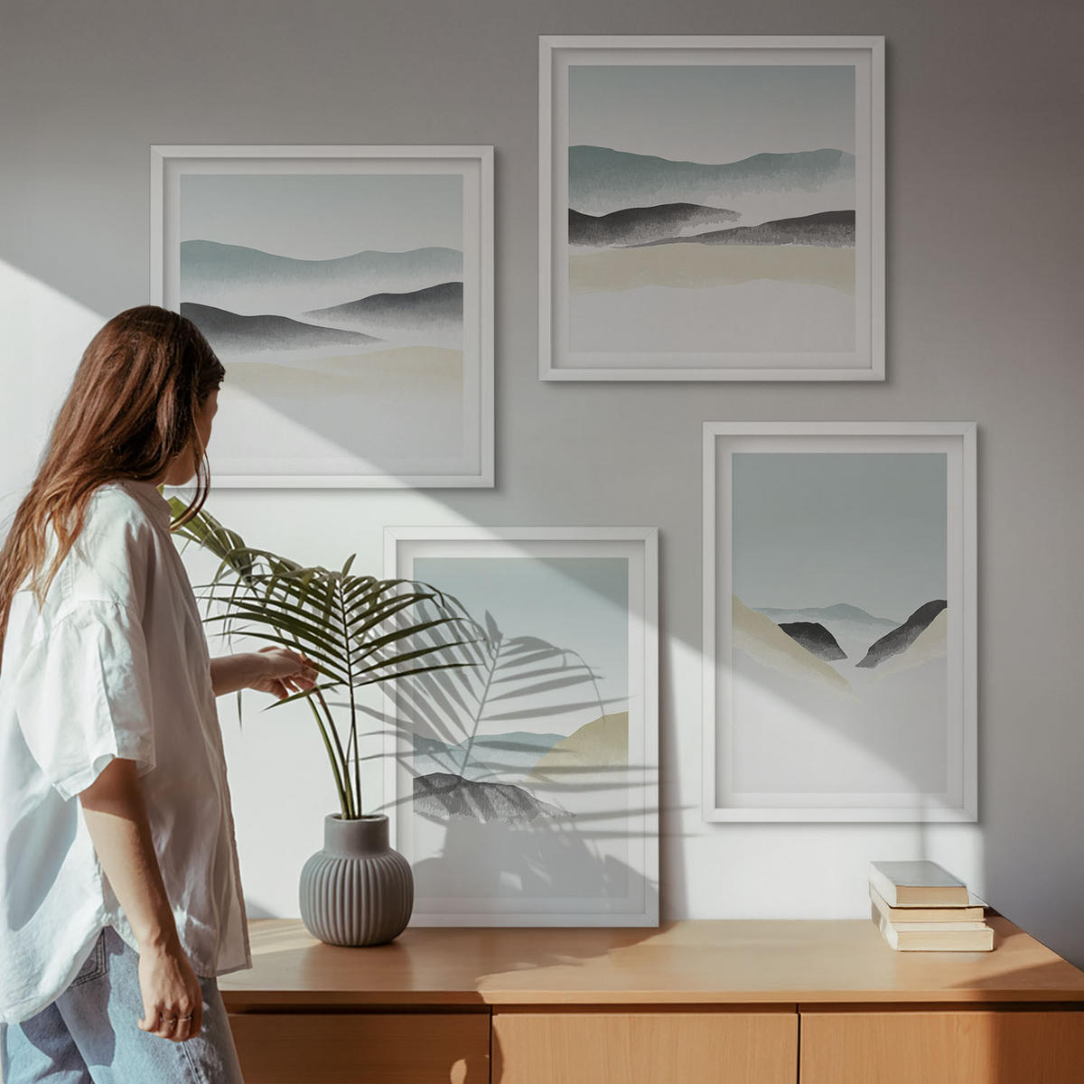 WANDBILDER 4er-Set - 50x50 cm & 40x60 cm Weißer Rahmen - Berge minimalistische Pastellfarben - Weiß, Kunststoff (50/50cm) - ArtPrintCave