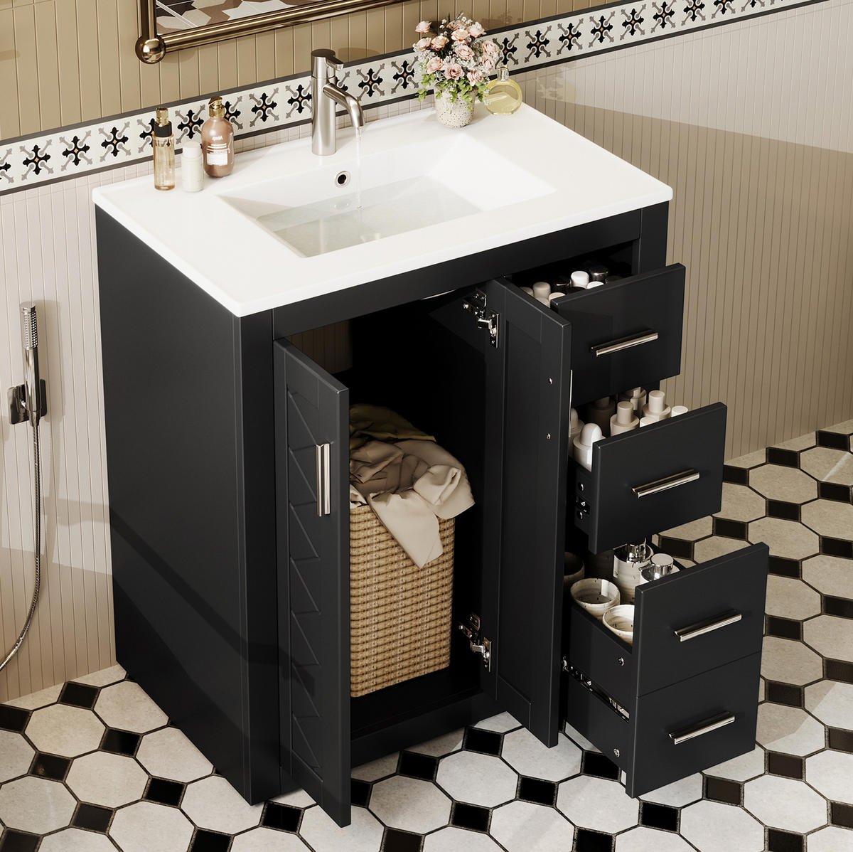 WASCHTISCHKOMBI 76/46,5/85,5 cm schwarz aus MDF und Keramik mit 3 Schubladen - Schwarz, Keramik (76/85.5/46.5cm) - OKWISH