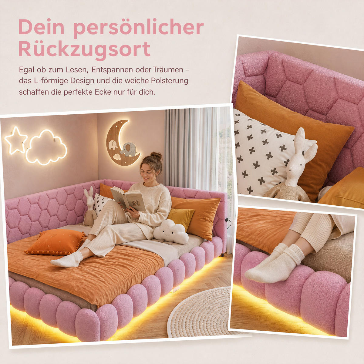 POLSTERBETT 140x200 mit USB und LED, Doppelbett 140x200 cm mit Lattenrost, Jugendbett, Samt, Rosa - Pink, Holz/Textil (140/200cm) - GENKI LIVING