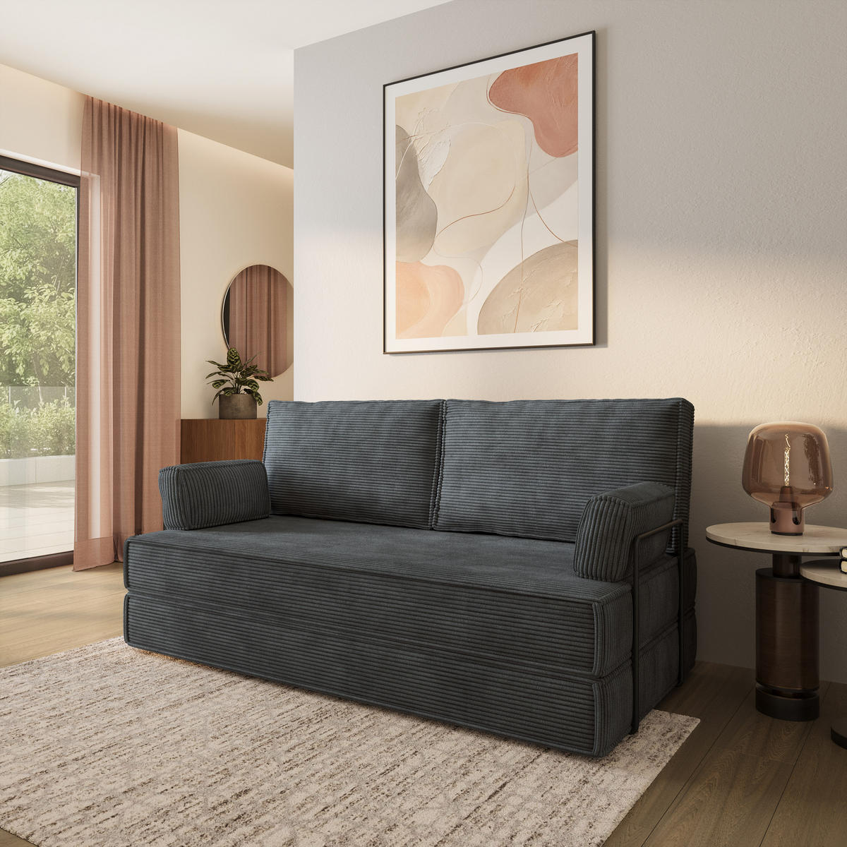 POHOVKA z pěny SILAR s kovovým rámem Manšestrová látka Grafitová - tmavě šedá/antracitová, textil (170/86/80cm) - MASSENO