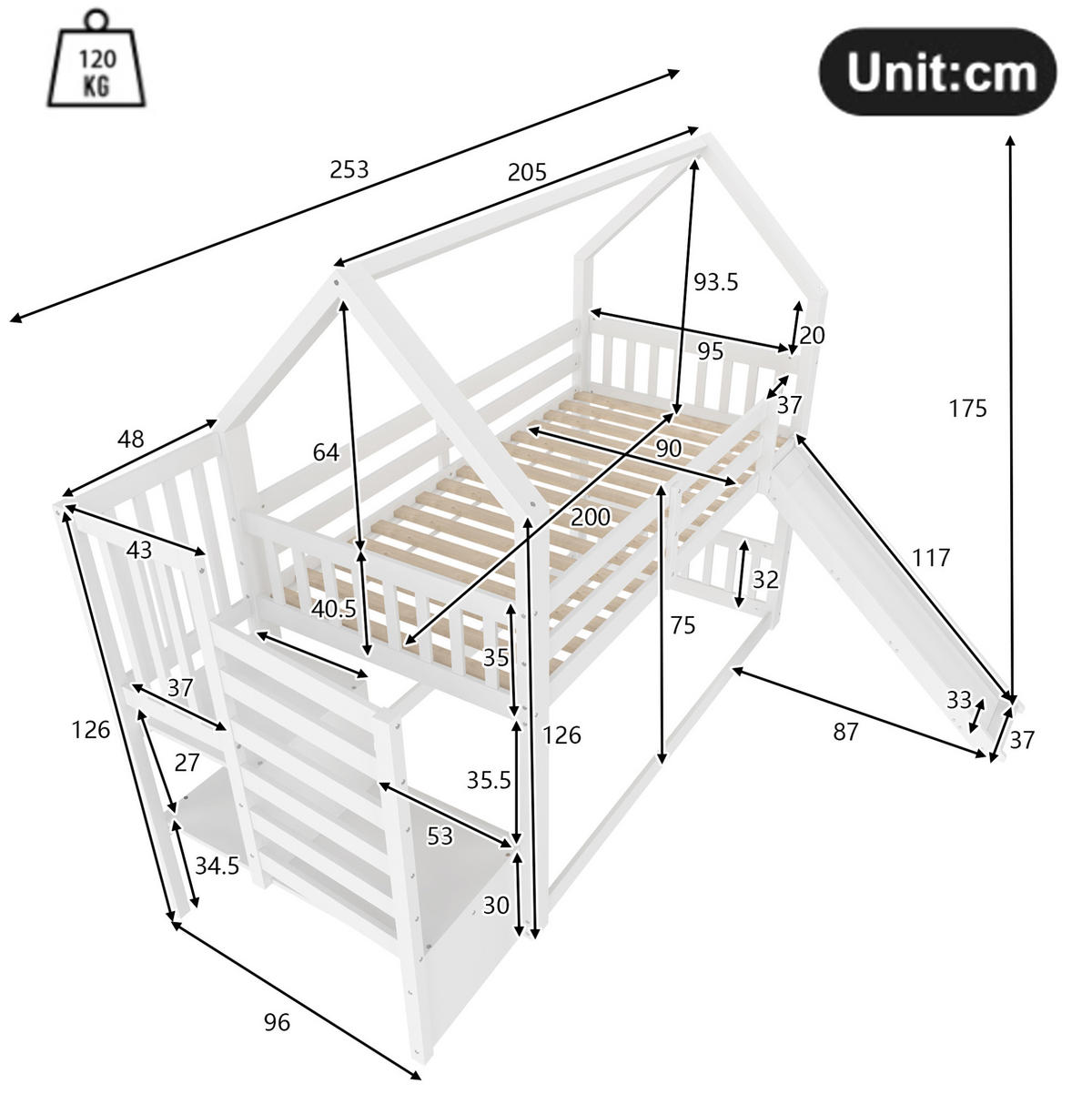 ETAGENBETT Hausbett mit Rutsche und Stauraumtreppe, 90/200 cm, Weiß, ohne Matratze - Weiß, Holz (90/200cm) - MIVRAY