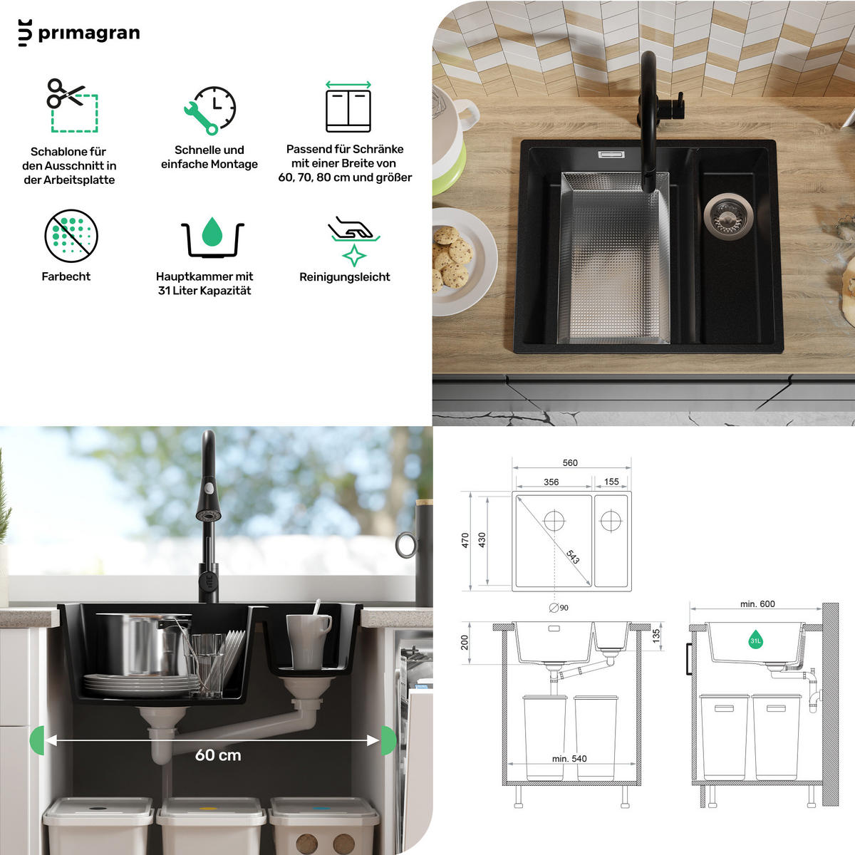 GRANITSPÜLE London Slim Duo, 2-er set Weiß 56/47 cm 1,5 Becken + Küchenarmatur 38/14 cm + Ablauf-Set ab 60er Unterschrank - Chromfarben/Weiß, Kunststoff (56/20/47cm) - Primagran