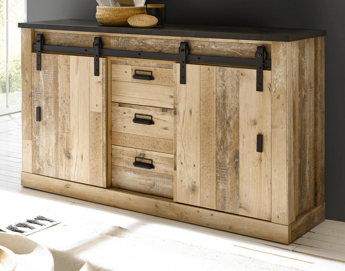 SIDEBOARD Used Wood hell, dunkles Grau 12 x 91 cm, Anrichte mit Soft-Close fürs Schlafzimmer - Dunkelgrau/Schwarz, Holzwerkstoff/Kunststoff (162/91/43cm) - Furn.Design
