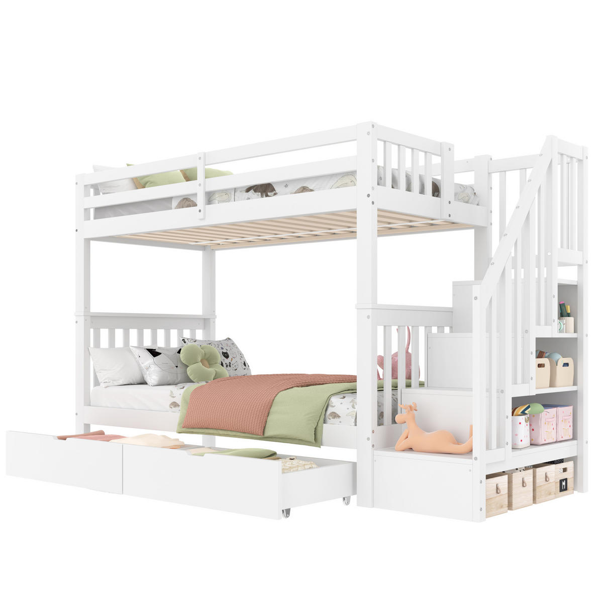 ETAGENBETT 90/200 cm weiß mit Treppenregal und zwei Schubladen - Weiß, Holz (90/200cm) - OKWISH