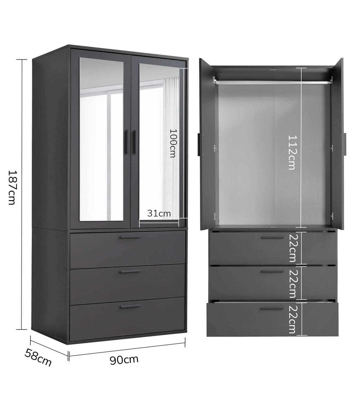 KLEIDERSCHRANK mit Spiegel Der Grenzenlose - Anthrazit, Holzwerkstoff (90/187/58cm) - Mokebo