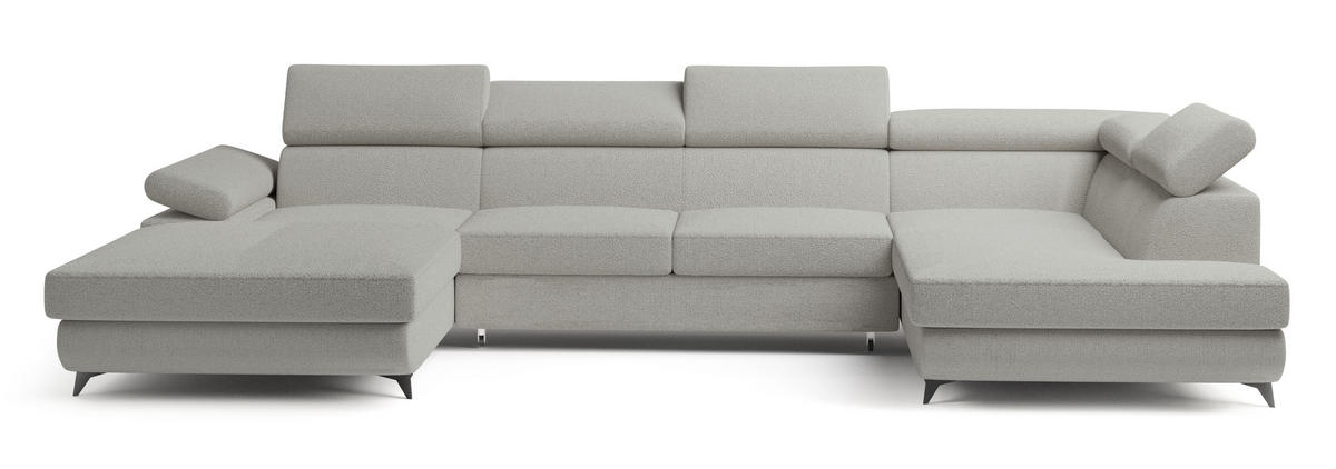 WOHNLANDSCHAFT RUBANO R-S Hellgrau Boucle-Stoff mit Schlaffunktion - Hellgrau, Holz (339/89/190cm) - MASSENO