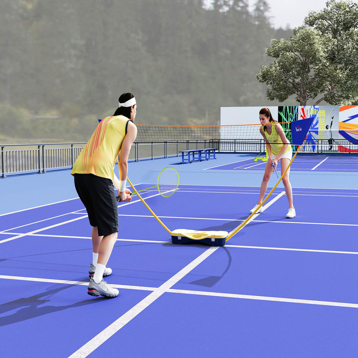 BADMINTONOVÁ SÍŤ, plast, žlutá/modrá, 286L x 33B x 157H cm - žlutá, plast (33/286cm) - HOMCOM