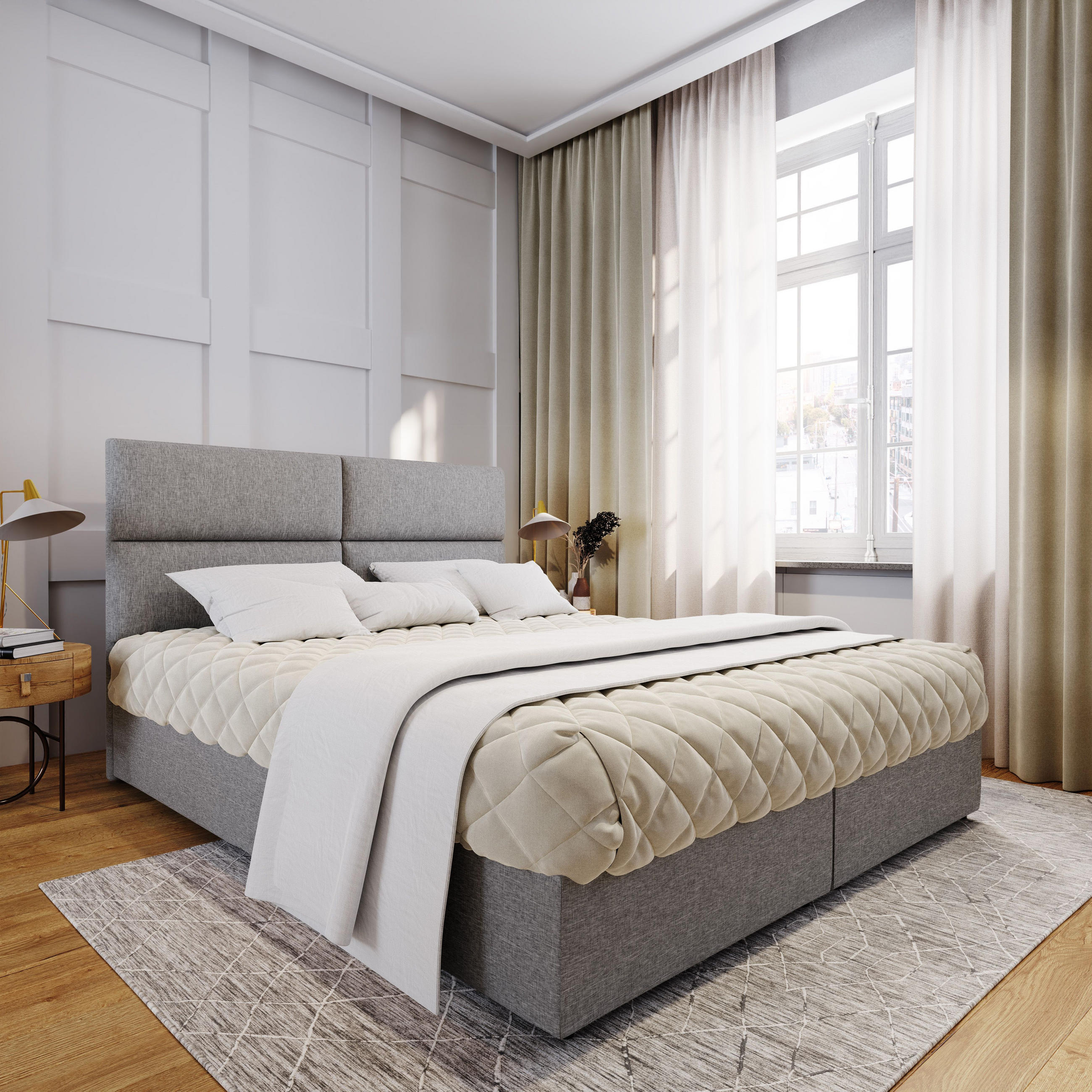 BOXBETT LONIS 140x200 cm mit Matratze und Topper - Hellgrau - Hellgrau, Holz (140/200cm) - MASSENO