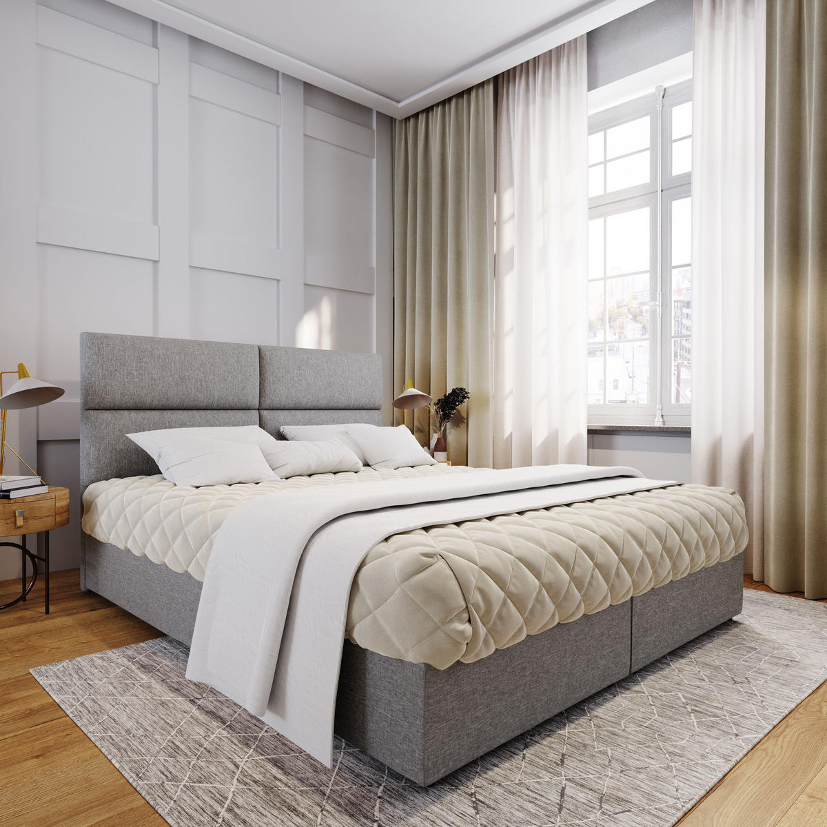 BOXBETT LONIS 140x200 cm mit Matratze und Topper - Hellgrau - Hellgrau, Holz (140/200cm) - MASSENO
