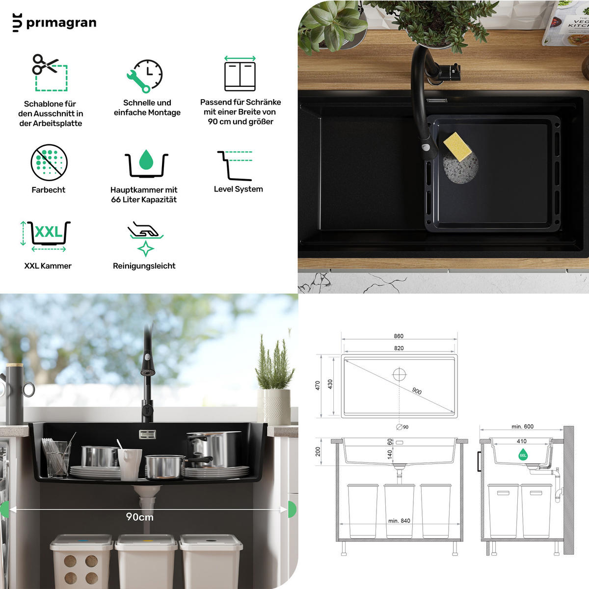 GRANITSPÜLE Praga Slim, 2-er set Weiß 86/47 cm 1 Becken + Küchenarmatur 38/14 cm + Ablauf-Set + Aufrollbare Abtropffläche ab 90er Unterschrank - Chromfarben/Weiß, Kunststoff (86/20/47cm) - Primagran