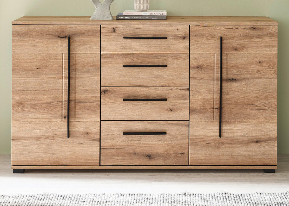 SIDEBOARD Eiche Evoke, Kommode 150 cm mit Soft-Close - Eichefarben/Schwarz, Holzwerkstoff/Kunststoff (150/86/42cm) - Furn.Design