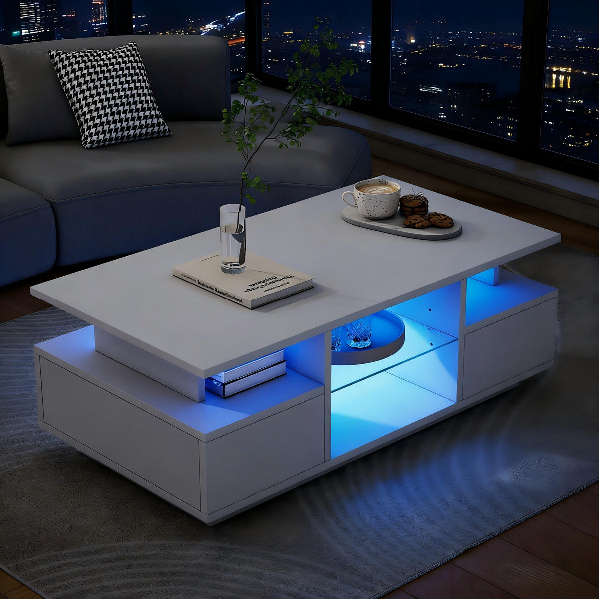 COUCHTISCH Kaffeetisch Hochglanz mit Glasablagen und LED-Beleuchtung, Weiß - Weiß, Holzwerkstoff/Metall (100/50/36cm) - EVRYAE
