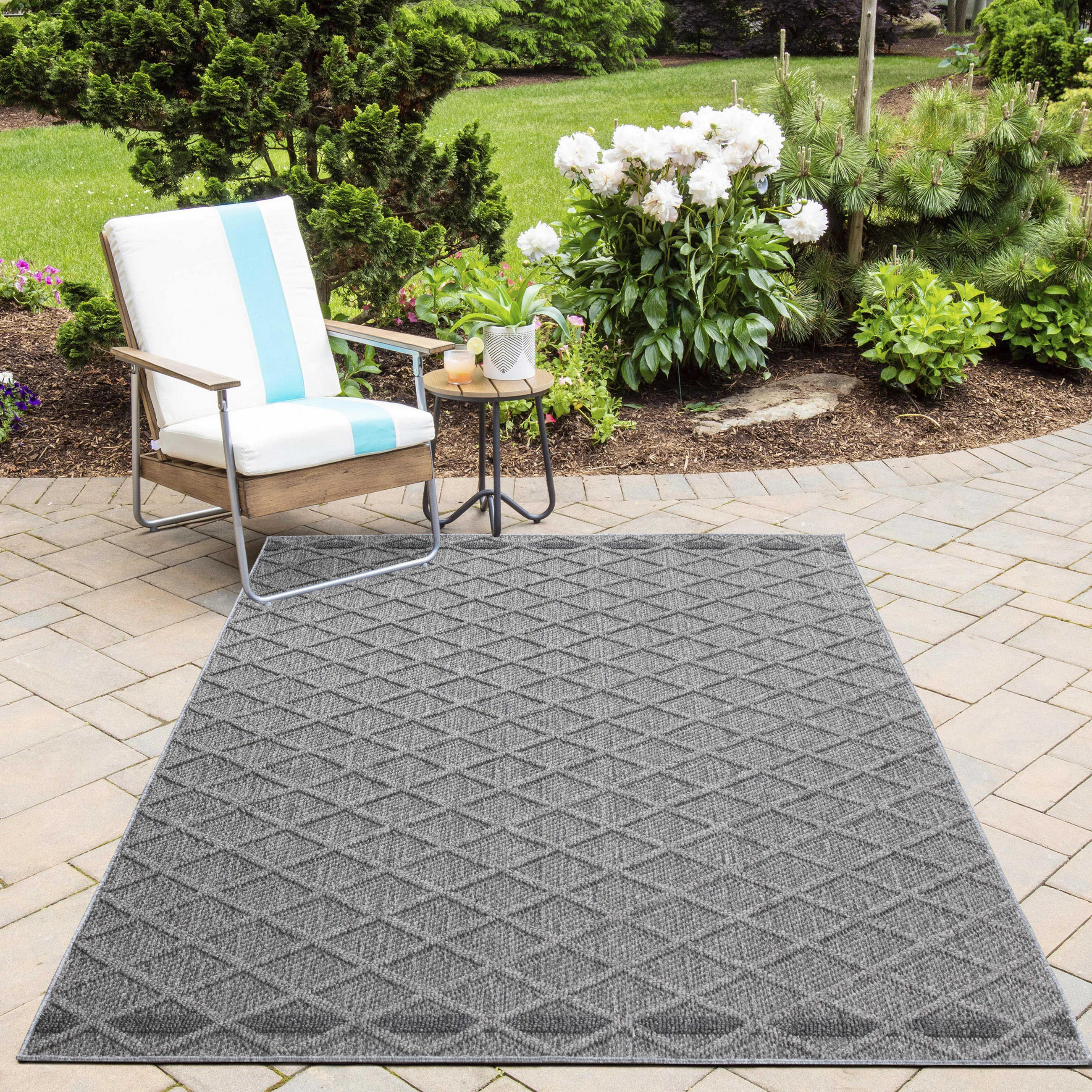 TEPPICH Outdoor Flachgewebe Rauten-Muster Polypropylen Balkon Grau Rechteckig 200x290 - Grau, Textil (200/290cm) - KADIMA DESIGN