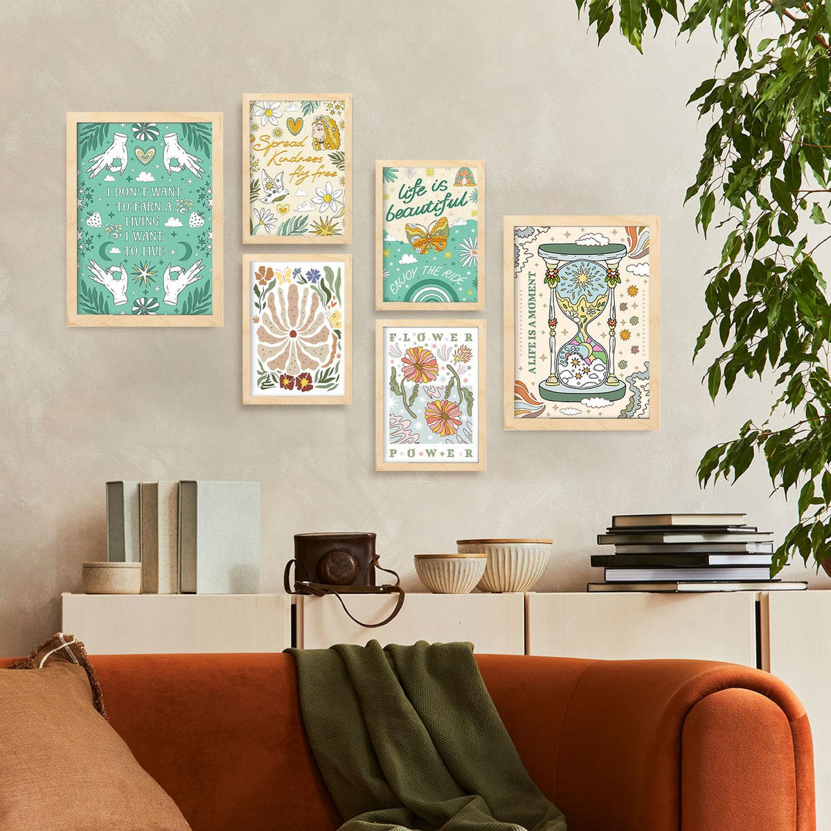POSTER Set Mit 6 Drucken Von Live In Brilliant Groovy Style Postersammlung Dekorative Rahmen Für Zuhause Wandkunstdruck A3 & A4 Rahmen Aus Hellem Holz - Beige, Papier (29/3cm) - Nacnic