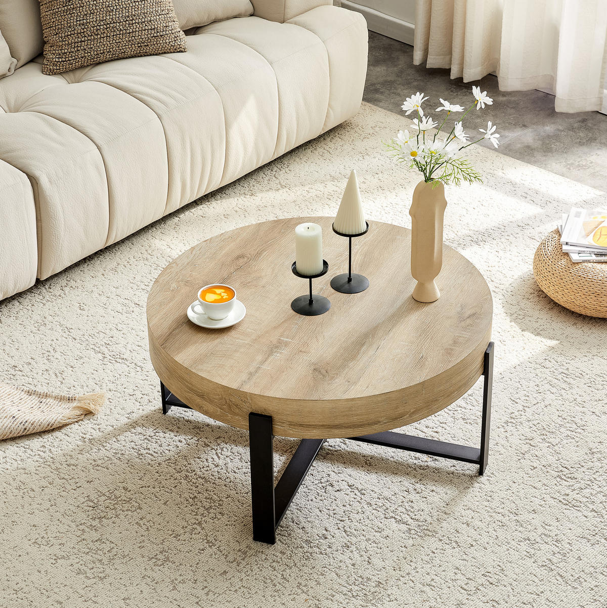 COUCHTISCH aus MDF und Metall Ø68x36 cm in Naturholz mit Kreuzgestell - Naturfarben, Holzwerkstoff (68/68/36cm) - Modfu