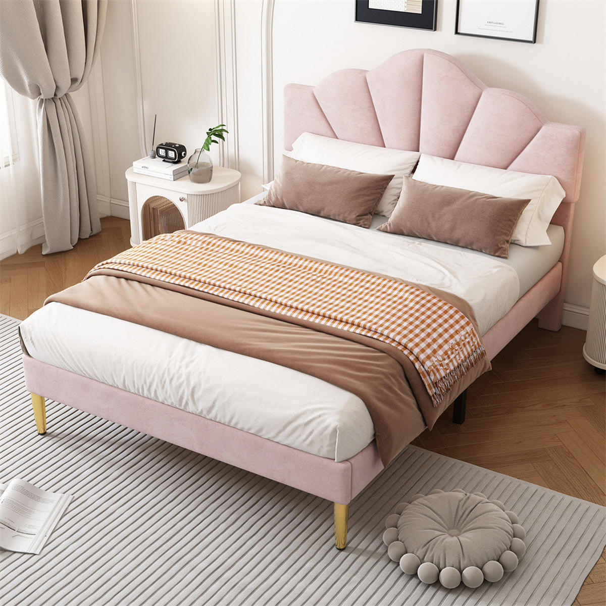 POLSTERBETT 140/190 cm in Rosa Samt mit Goldenen Eisenbeinen - Pink, Holz/Textil (140/200cm) - KOMHTOM