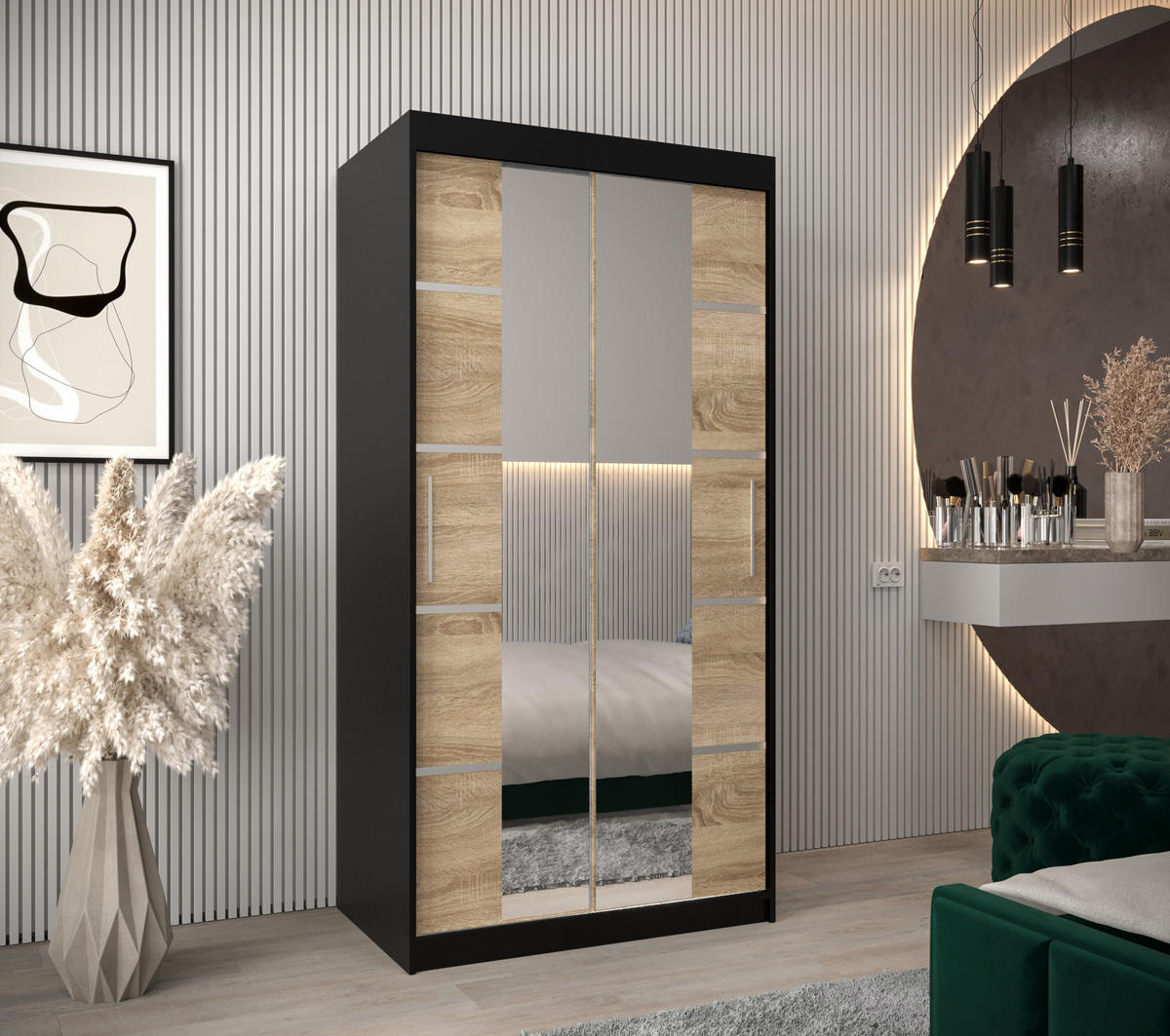 SCHWEBETÜRENSCHRANK 200/100/62 2-türig - Silberfarben/Schwarz, Holz/Kunststoff (100/200/62cm) - Abiks Möbel