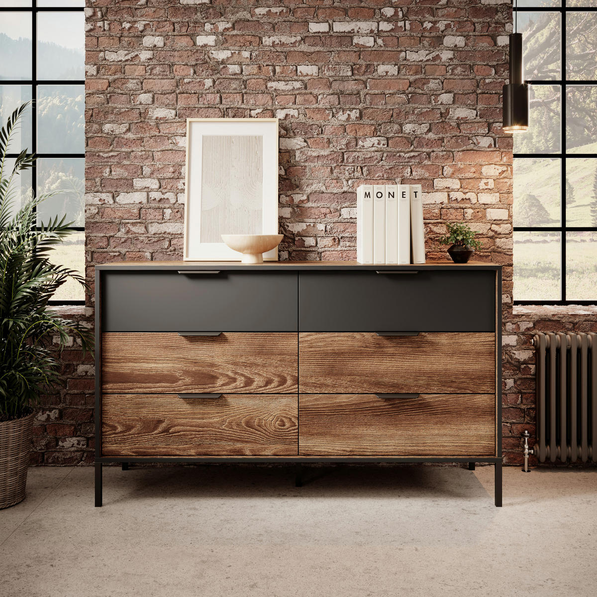 SIDEBOARD MELHUS KOM1 ABS-Kante Anthrazit Eiche Walnuss - Nussbaumfarben/Walnussfarben, Glas/Holzwerkstoff (137/82/40cm) - Komodee
