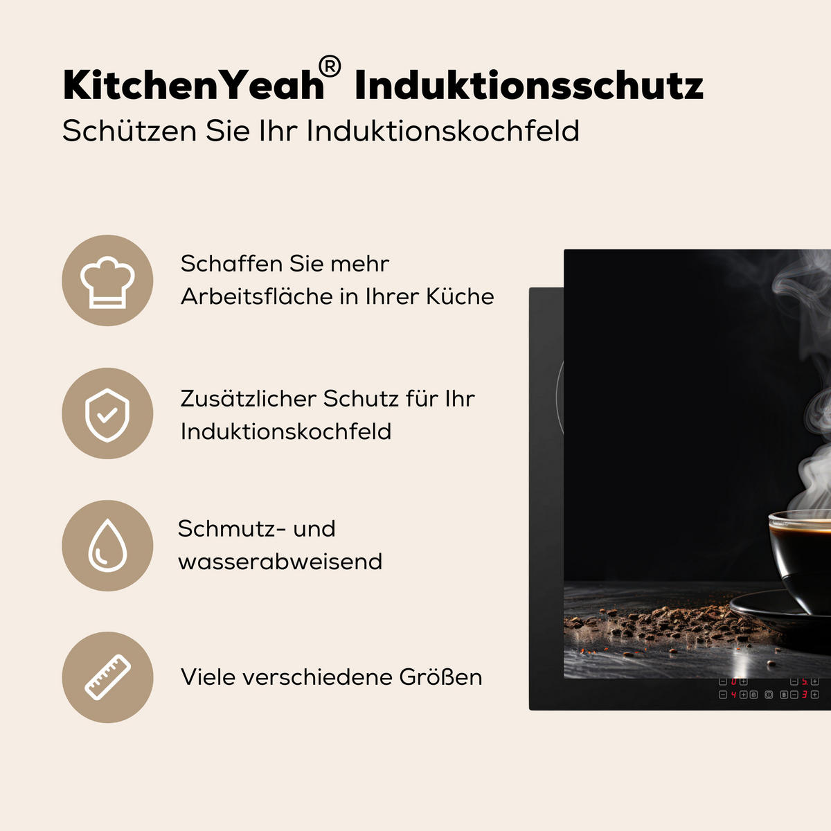 HERDABDECKPLATTE Kaffee - Schwarz - Bohnen - Heiß - Tasse Herdabdeckung Induktionsfeld 75x52 cm - Schwarz, Kunststoff (75/52/0.2cm) - MuchoWow