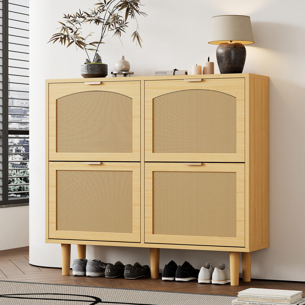 SCHUHSCHRANK in Eichefarben Schuhkommode aus Rattan mit 4 Klappschubladen für Schlafzimmer oder Flur, B100/T25/H90cm - Eichefarben/Naturfarben, Holz/Holzwerkstoff (100/90/25cm) - STILVORA