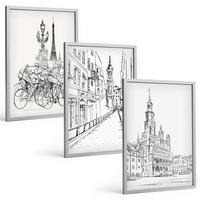 BILDER SET 3er Set - 40x60 cm Silberner Rahmen - Einfache Zeichnungen von Stadtlandschaften - Silberfarben, Kunststoff (40/60cm) - TULUP
