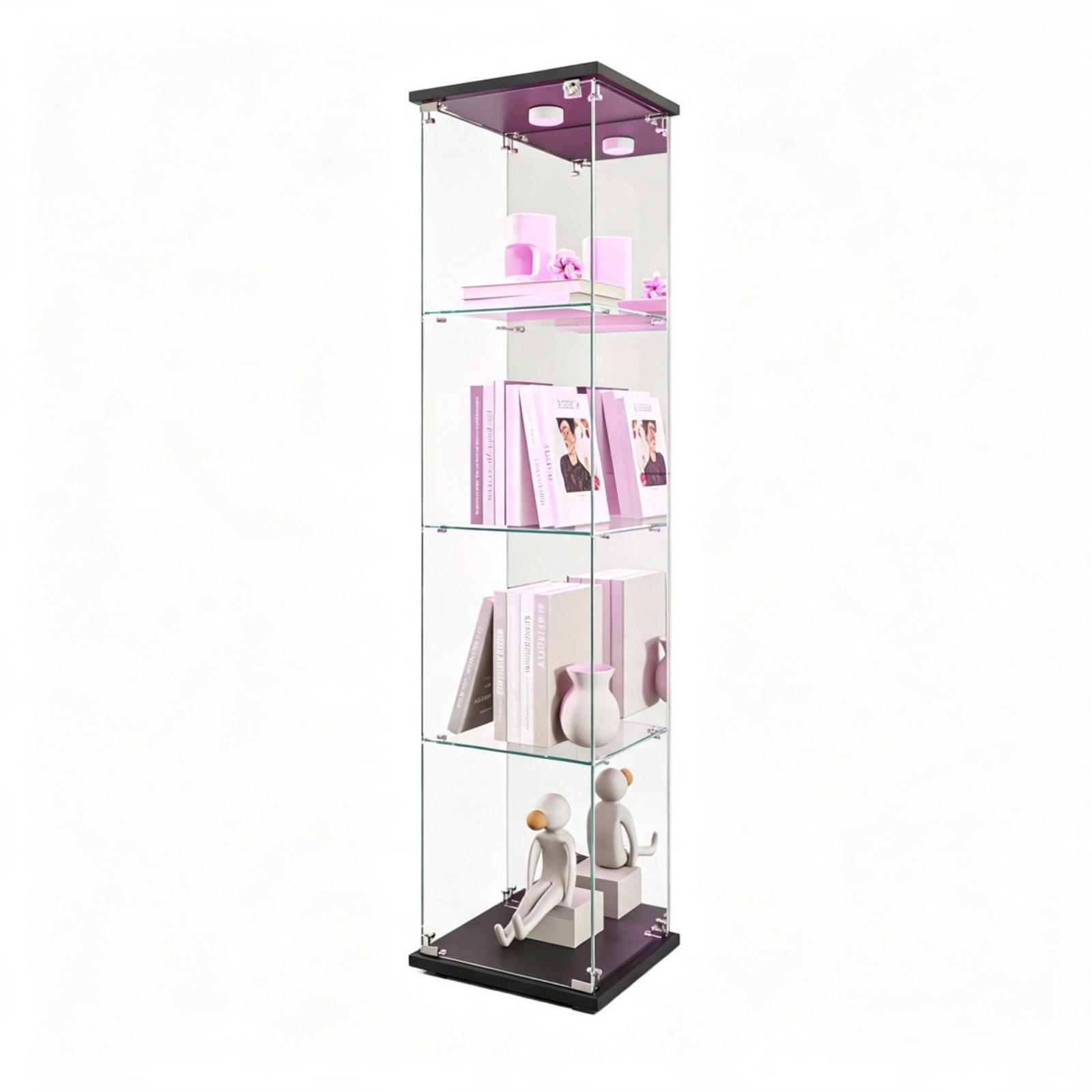 VITRINENSCHRANK Glasvitrine led Schwarz mit 1 Tür und 4 Etagen, mit Schloss und Spiegeleffekt,164cm - Schwarz, Glas (36.5/164/42.5cm) - BPKADHY