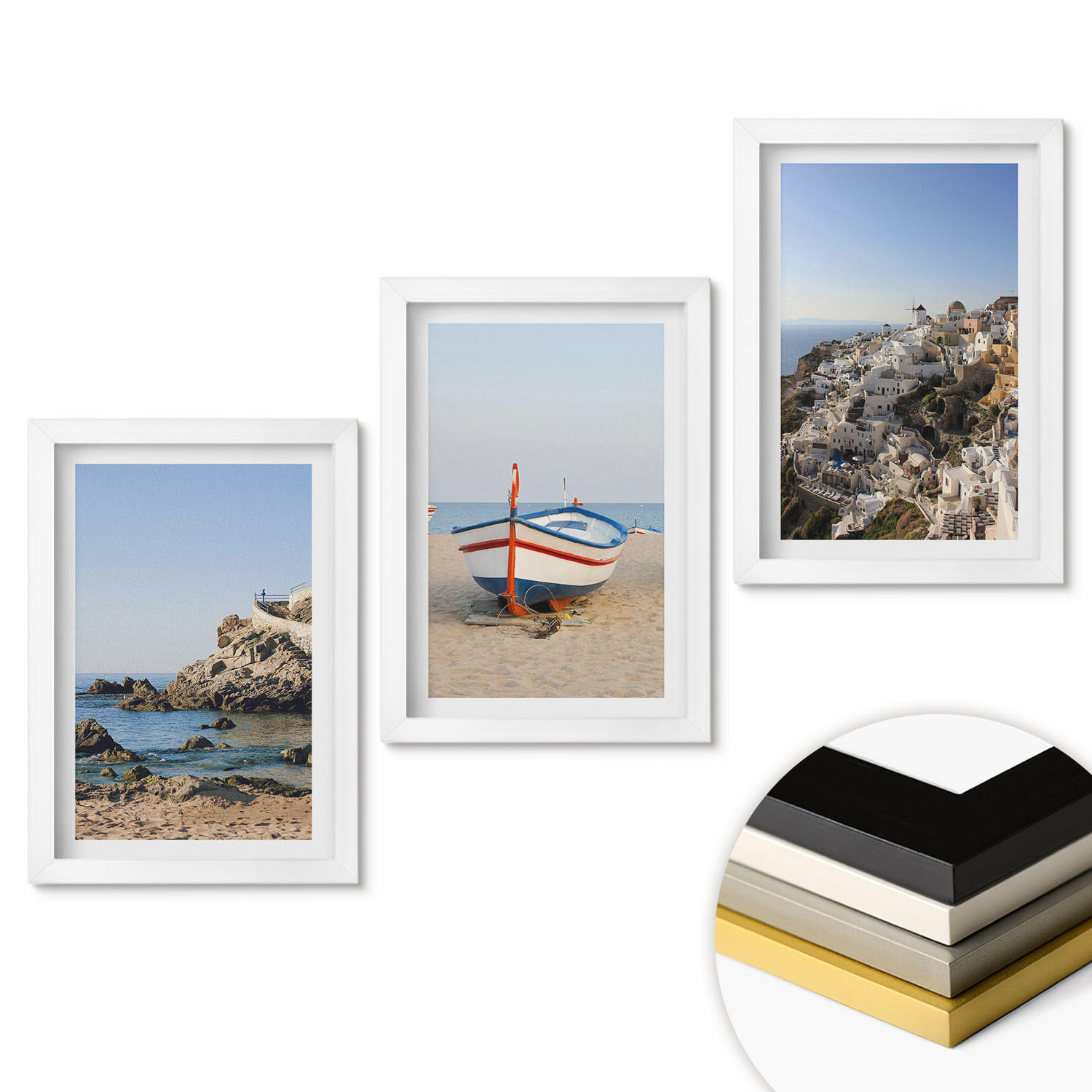 WANDBILDER 3er-Set - 20x30 cm Weißer Rahmen - Ansichten von Griechenland mit einem Boot und Häusern - Weiß, Kunststoff (20/30cm) - ArtPrintCave