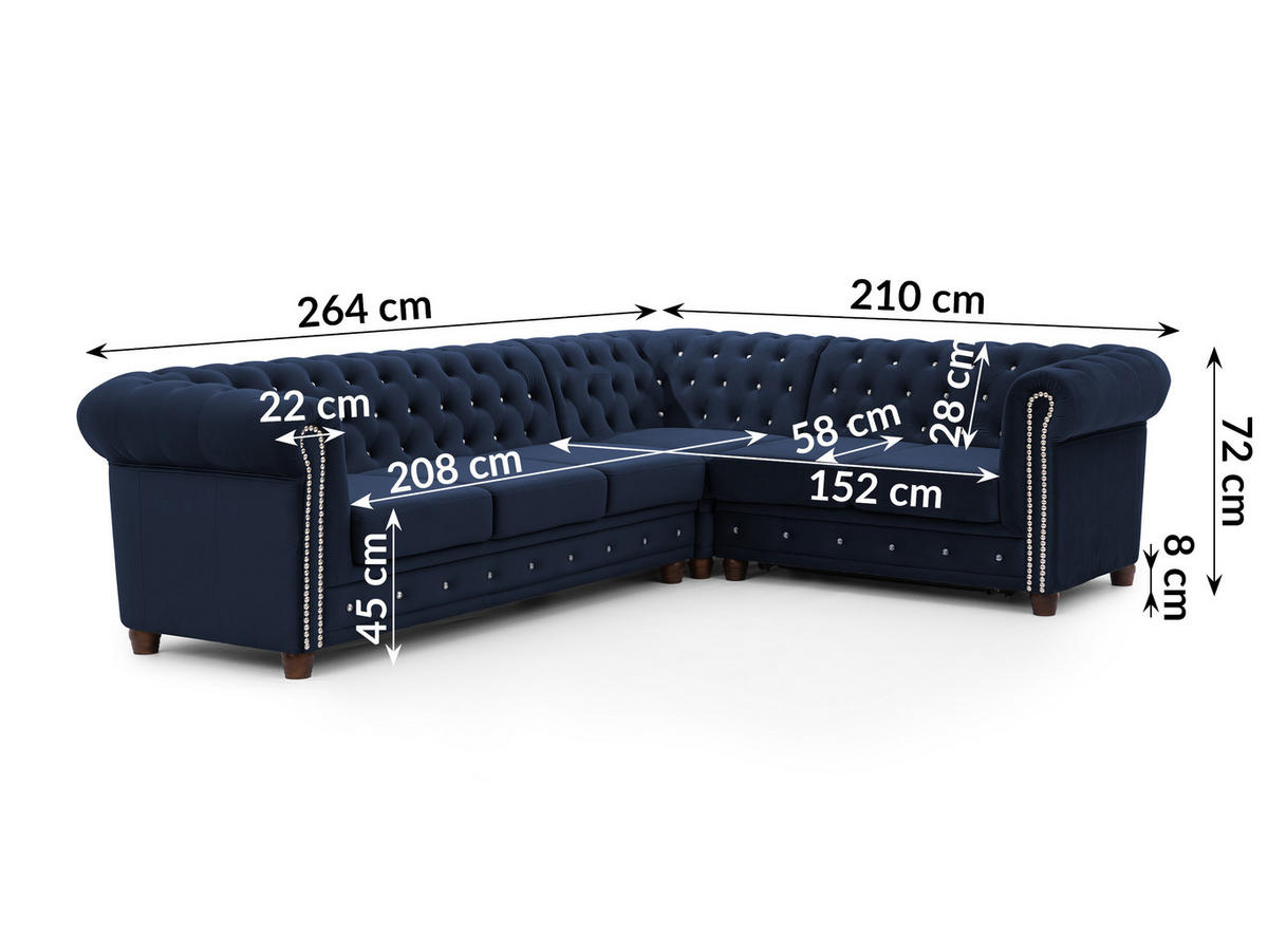 ECKSOFA mit Schlaffunktion Chesterfield Marineblau Samt mit Kristallsteppung und braunen Massivholzfüßen - Ottomane Rechts - Blau/Braun, Holz/Textil (264/210cm) - S-Style Möbel