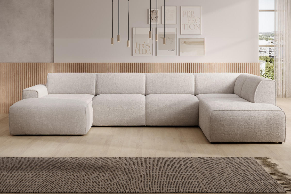 WOHNLANDSCHAFT Didim Creme 378/220/78 cm – großes Sofa stilvoll & bequem R - Creme/Schwarz, Kunststoff/Textil (378/78/220cm) - AX Living