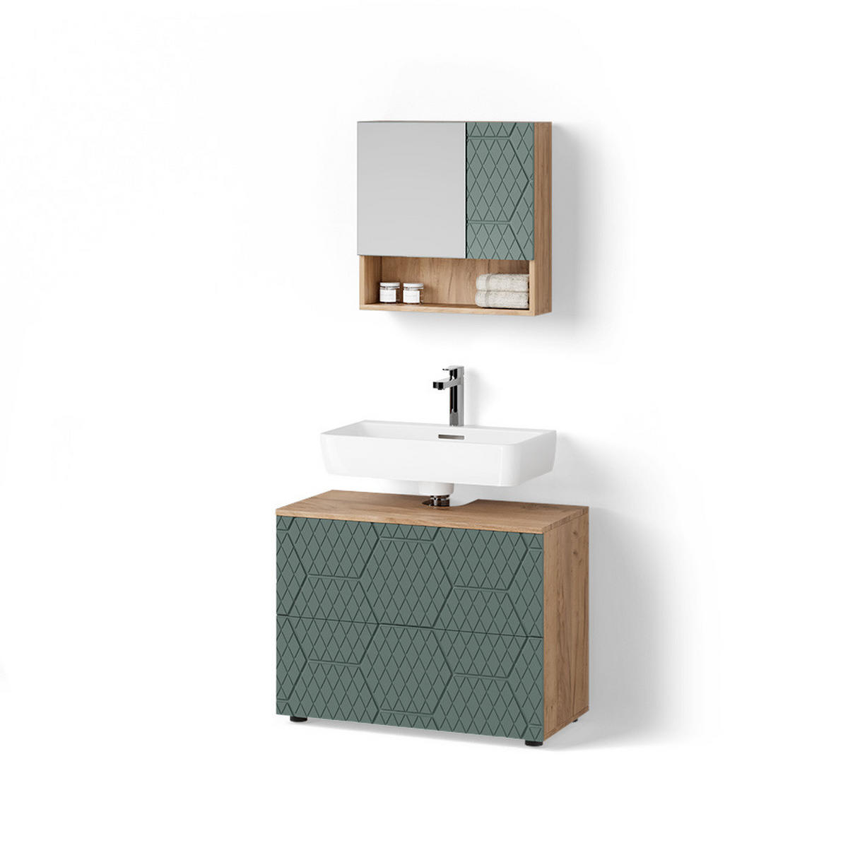 BADMÖBEL-SET Ronco Grün/Goldkraft Eiche 2 Teile - Honigeiche/Grün, Holzwerkstoff (80/58/41cm) - Livinity®