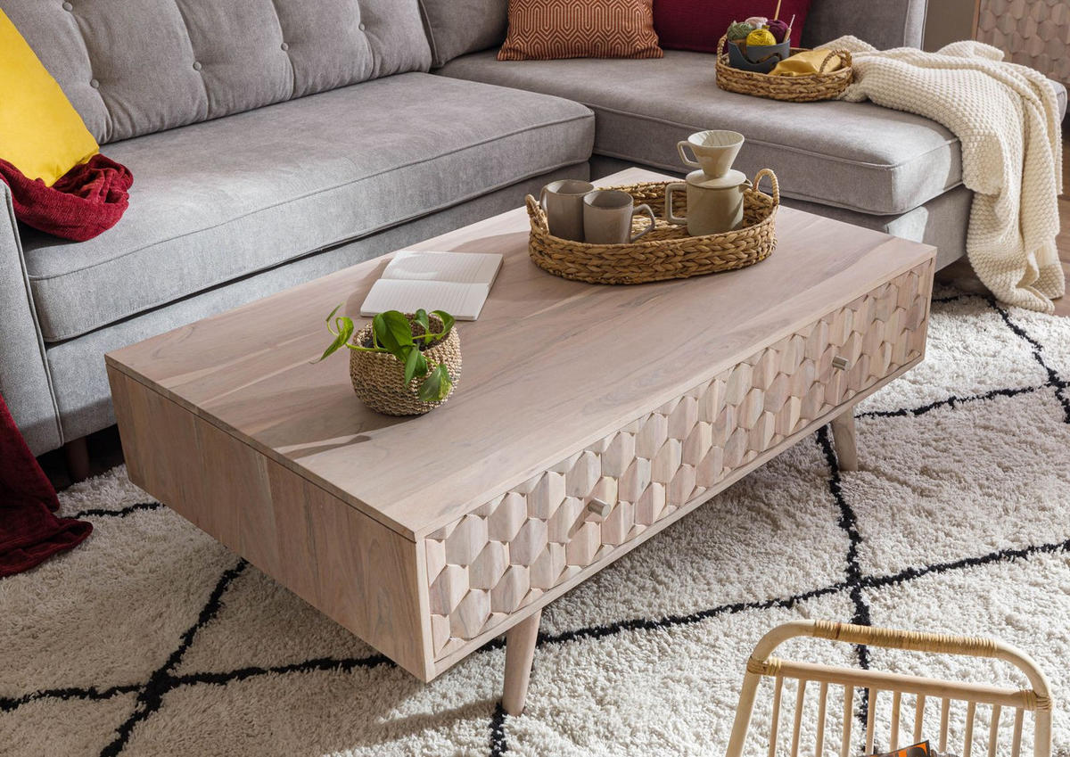 COUCHTISCH Akazie 120x70x40 weiß lackiert MOSAYK #203 - Weiß, Holz (120/70/40cm) - Massivmoebel24
