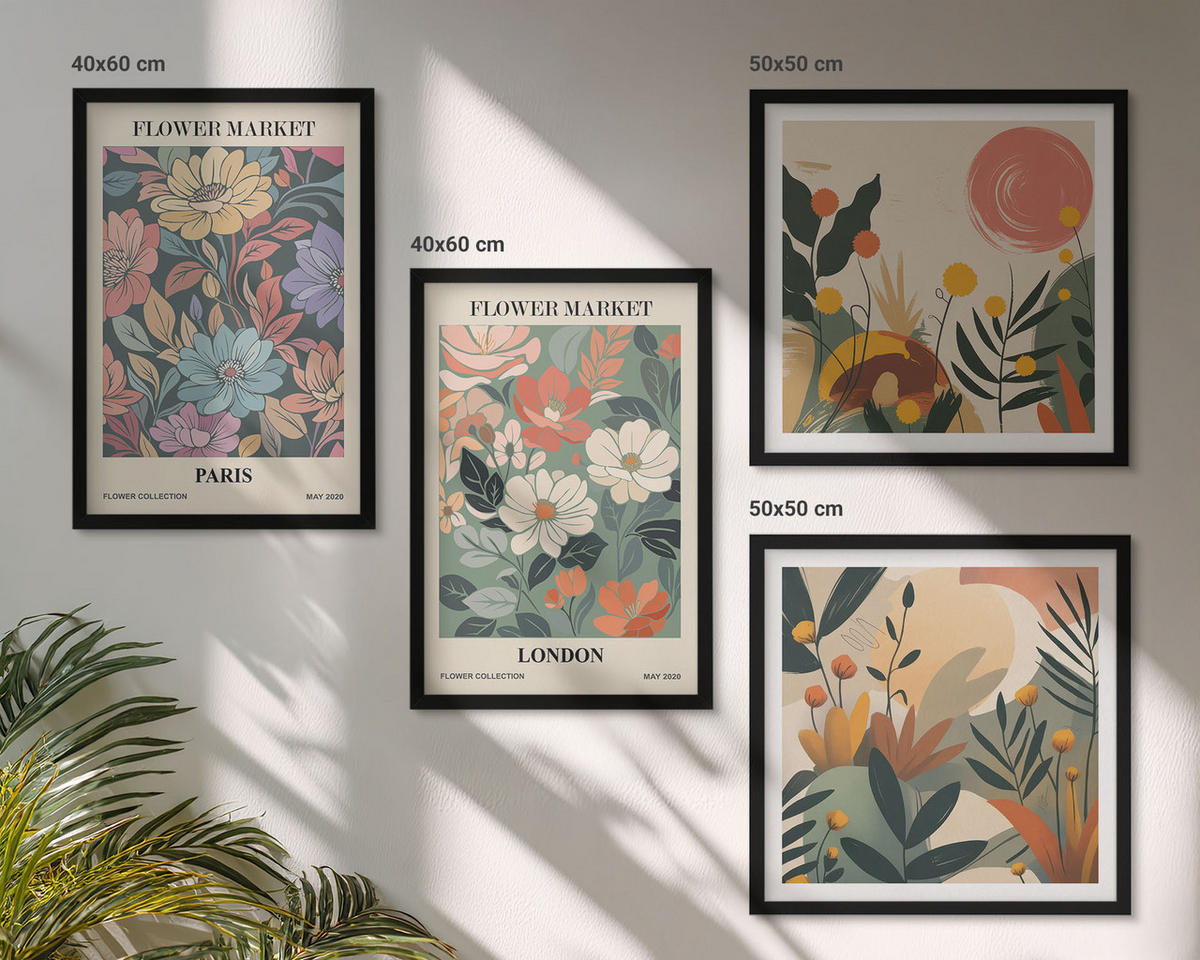 WANDBILDER 4er-Set - 50x50 cm & 40x60 cm Schwarzer Rahmen - Blumenposter Paris London - Schwarz, Kunststoff (50/50cm) - ArtPrintCave