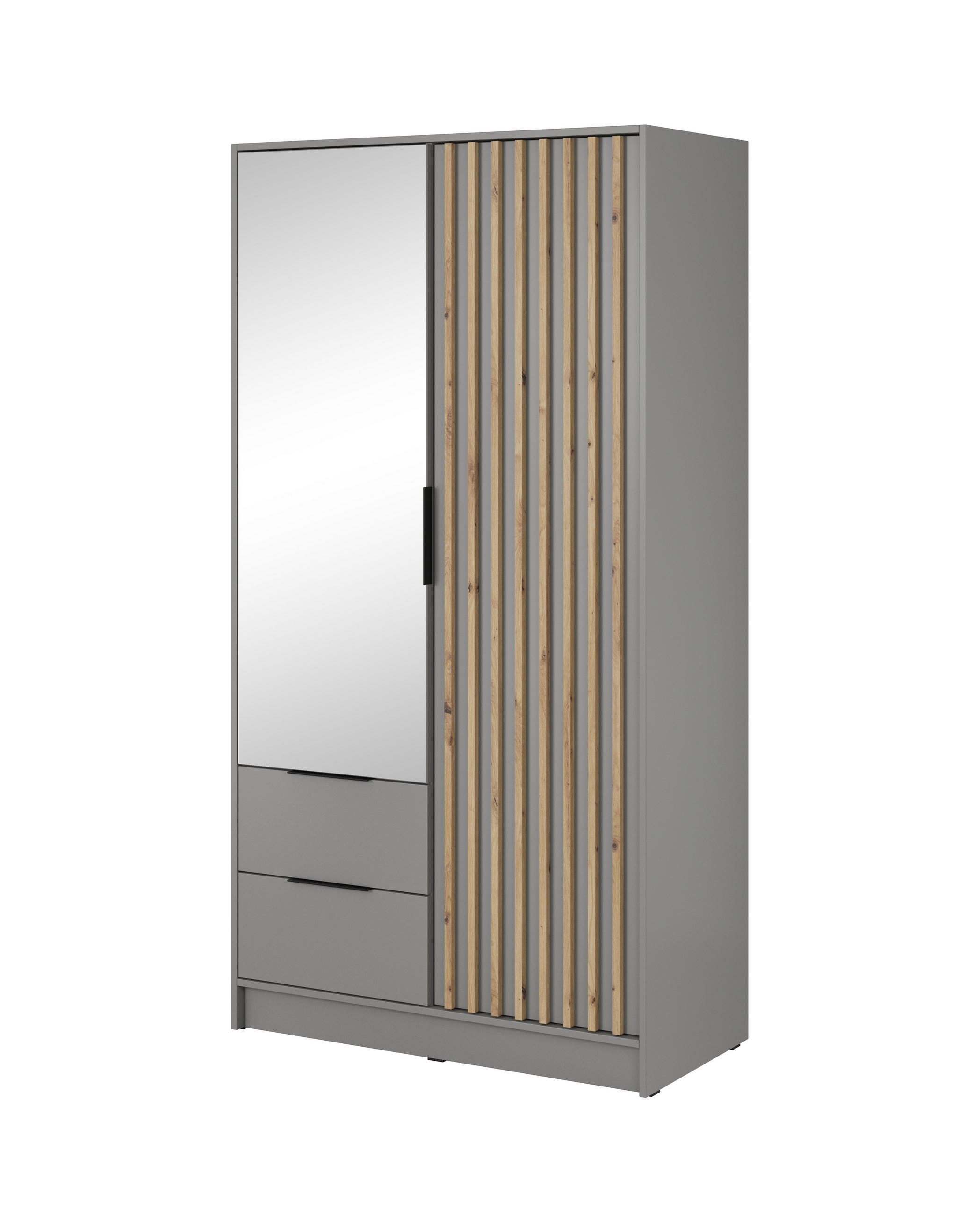 KLEIDERSCHRANK Nelly Grau, Artisan Eiche Lamellen, Schrank Zweitürige, Garderobe mit Spiegel - Grau, Holzwerkstoff (105/200/51cm) - Bettso