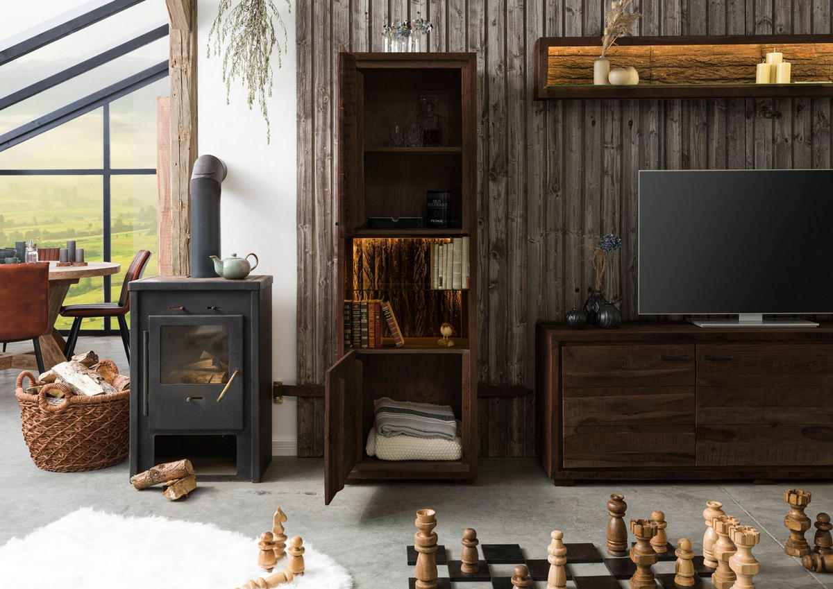 VITRINE Akazie 58x40x180 dunkelbraun lackiert BARK #202 - Dunkelbraun, Holz (58/180/40cm) - Massivmoebel24