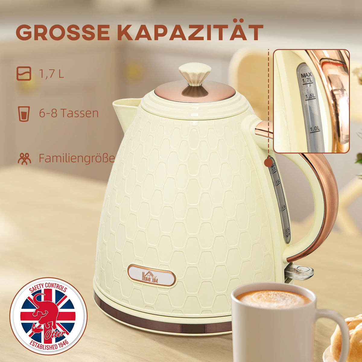 WASSERKOCHER DE-07915 2200W, 1,7L mit Sichtfenster Beige - Beige, Kunststoff (19.5/23.4/24.2cm) - ComfortXL