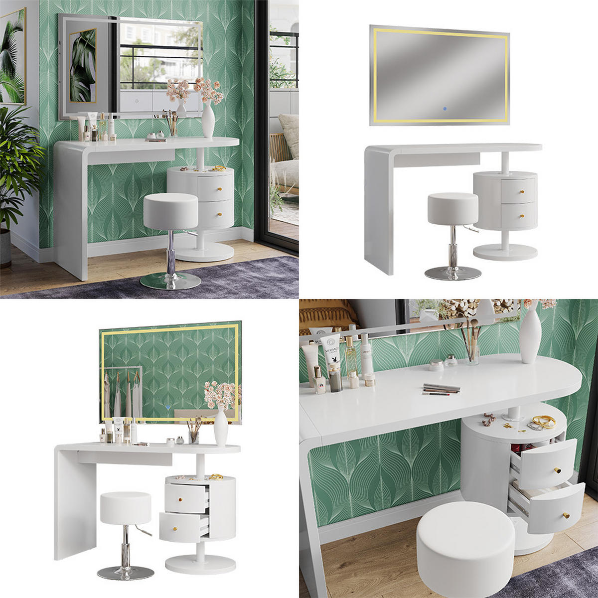 SCHMINKTISCH Lara Weiß 120 cm mit LED-Spiegel und Hocker - Weiß, Holzwerkstoff (120/76/50cm) - Vicco