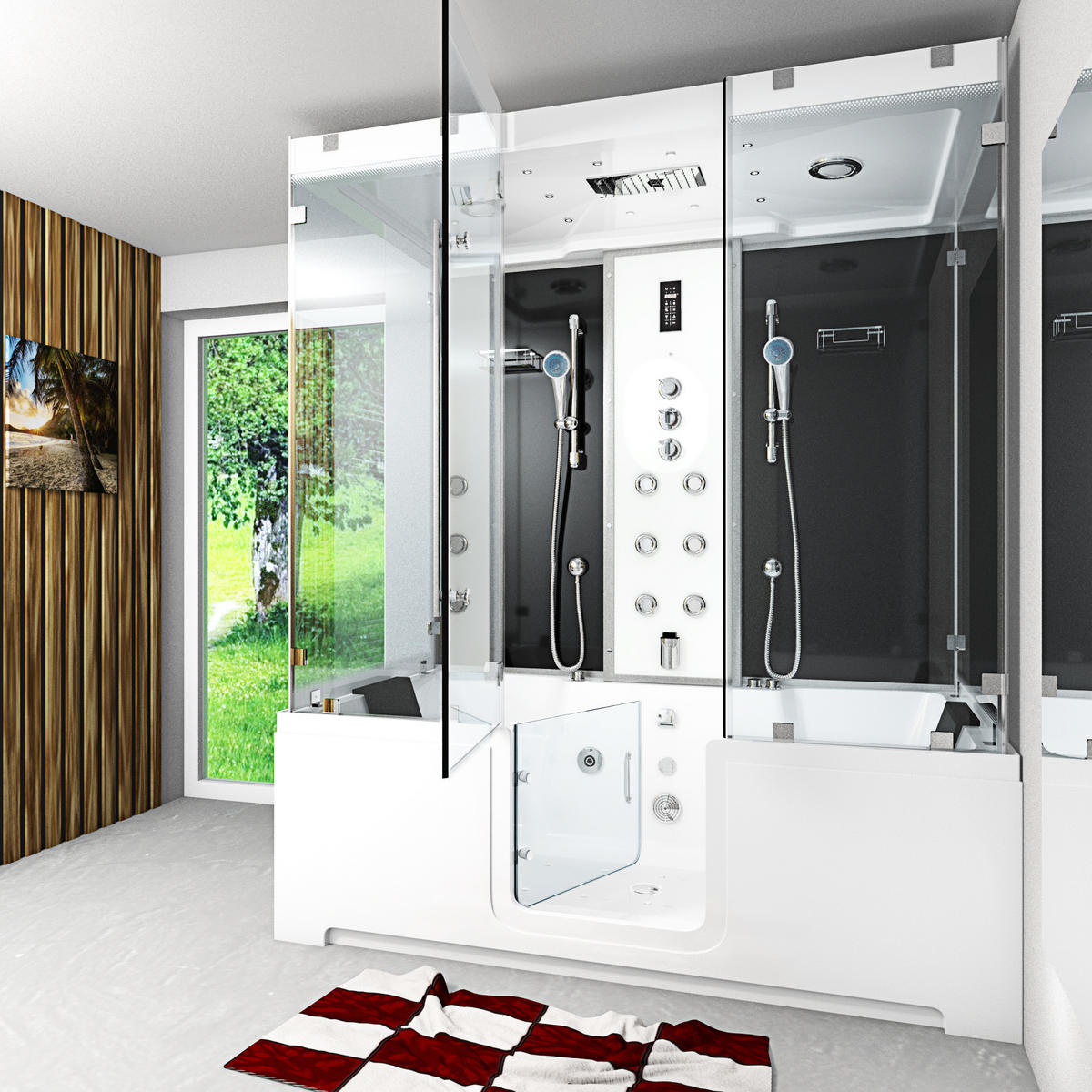 BADEWANNE mit Tür Dusche K88-SW-TH-C-EC-EA - Schwarz, Glas/Kunststoff (100/228/180cm) - AcquaVapore by Sandra Jentho