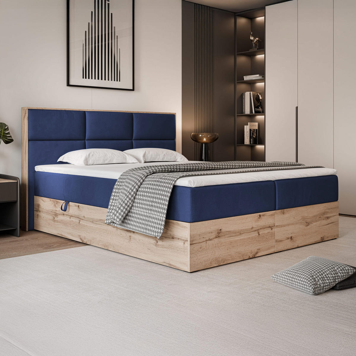 BOXBETT LAVIO 160/200 cm, in Marineblau, mit Matratze und Topper - Dunkelblau, Holzwerkstoff/Textil (160/200cm) - Idohome