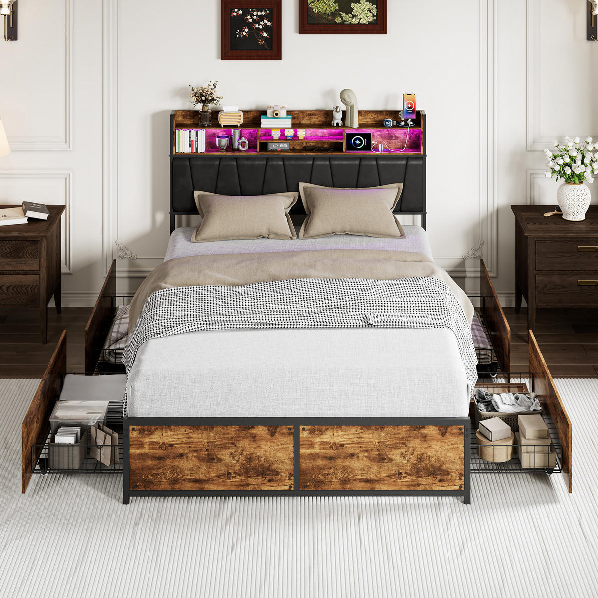 POLSTERBETT 140x200 cm Schwarz mit LED, USB-C & 4 Schubladen - Schwarz, Holz (140/200cm)