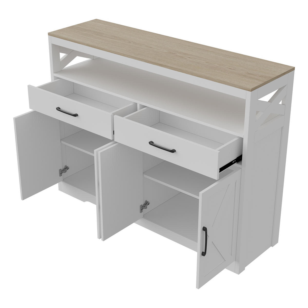 SIDEBOARD 140 cm, Skandinavischer Stil mit Kreuzdekoration, 2 Schubladen, 4 Türen und offenen Regalen, Weiß - Weiß, Holzwerkstoff (140/40/105cm) - Waldena