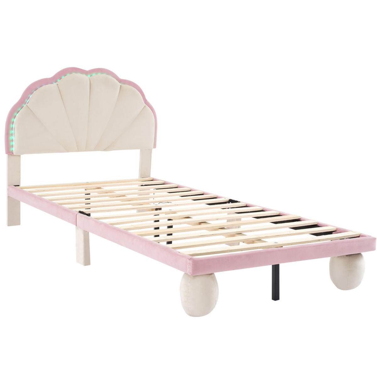 POLSTERBETT 90/200 cm aus Samt mit LED-Lichtstreifen und wellenförmigem Kopfteil Beige/Rosa - Weiß, Textil (90/200cm) - Modenvie