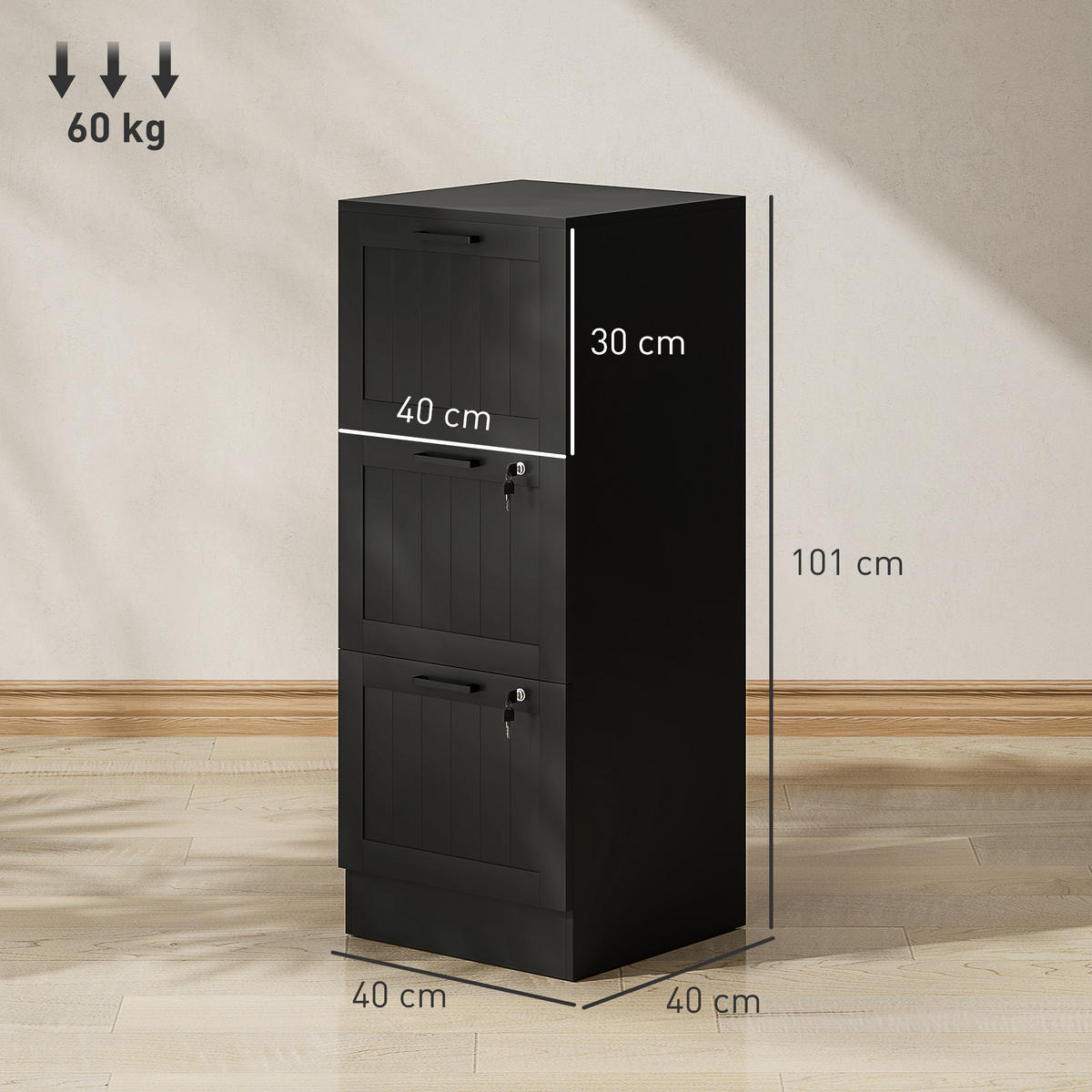 AKTENSCHRANK DE-14480 3 Schubladen abschließbar mit Hängeakten Schwarz - Schwarz, Holzwerkstoff (40/101/40cm) - ComfortXL