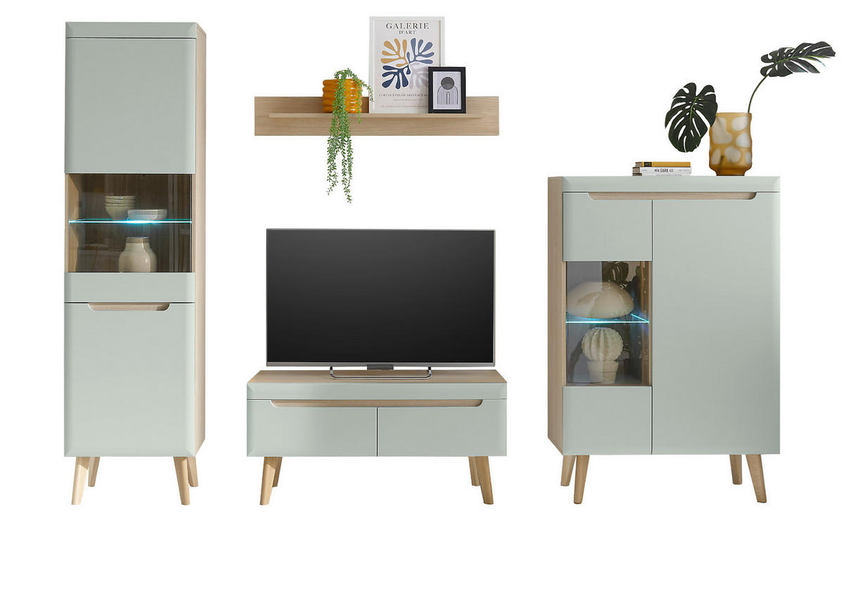 WOHNWAND 4-teilig Pistazie grün, Eiche, skandinavisch 290 cm, Wohnkombination mit Soft-Close - Eichefarben/Pastellgrün, Glas/Eichenholz (290/197/40cm) - Furn.Design