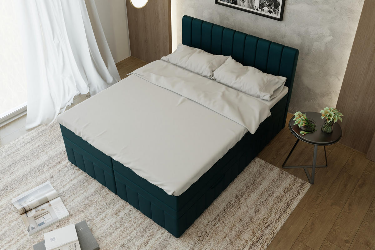 BOXBETT AVALON 160 x 200 cm mit Bettkasten und Topper - Türkis - Türkis, Holz - Panda Möbel
