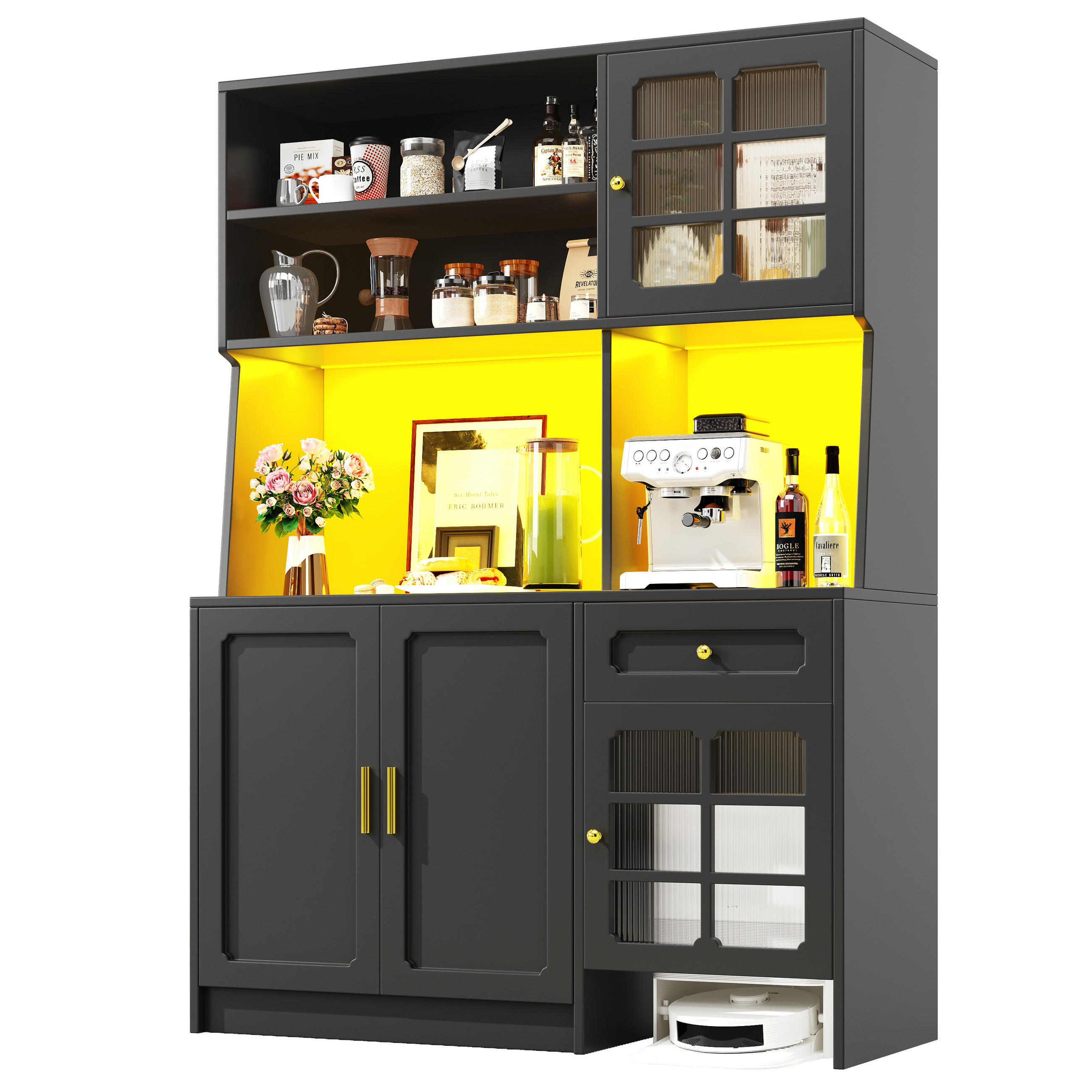 GESCHIRRSCHRANK aus MDF 130x45x180cm in Schwarz mit LED - Schwarz, Holzwerkstoff (130/180/45cm) - Modfu