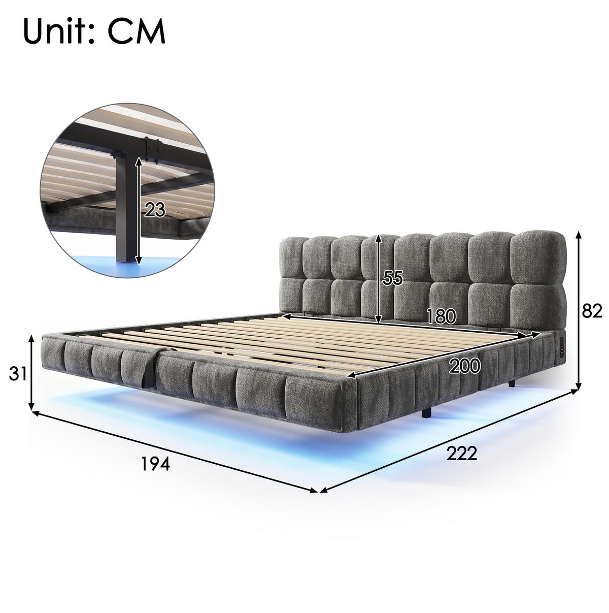POLSTERBETT aus Chenille 180x200 cm Grau mit Bettkasten, LED-Beleuchtung und USB-/Typ-C-Anschlüssen - Grau, Textil (180/200cm) - Modfu